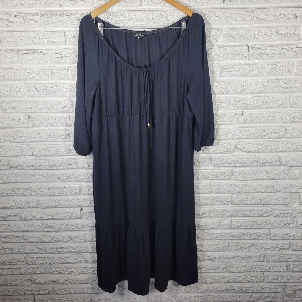 Slinky Brand Dress 1X Black Ruffle Boat Neck 3/4 Sleeve Midi Travel BLA120E